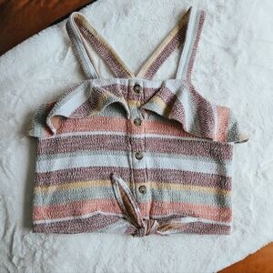 Madewell Texture & Thread Tank – Earthy Striped Button Tie Crop Top – Size S